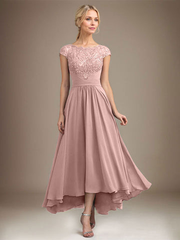 A-line Scoop Illusion Asymmetrical Lace Chiffon Mother of the Bride Dress With Pleated