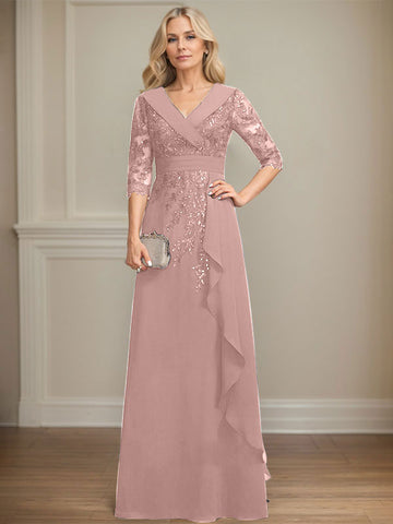 A-line Collared V-Neck Floor-Length Lace Chiffon Mother of the Bride Dress With Sequins Cascading Ruffles