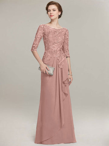 A-line Scoop Illusion Floor-Length Lace Chiffon Mother of the Bride Dress With Cascading Ruffles