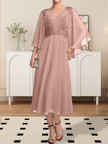 A-line V-Neck Tea-Length Chiffon Lace Mother of the Bride Dress With Beading Sequins