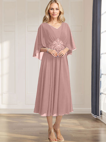 A-line V-Neck Tea-Length Chiffon Mother of the Bride Dress With Pleated Sequins Appliques Lace Beadind