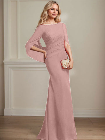 Trumpet/Mermaid Boat Neck Floor-Length Chiffon Mother of the Bride Dress With Pleated
