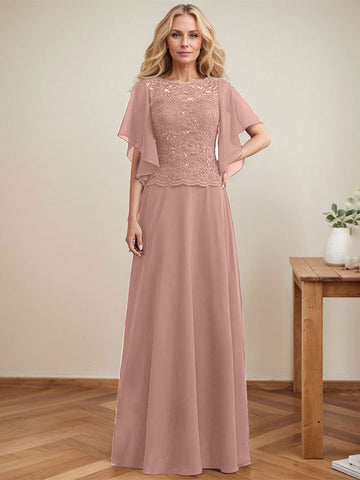 A-line Scoop Illusion Floor-Length Lace Chiffon Mother of the Bride Dress With Sequins
