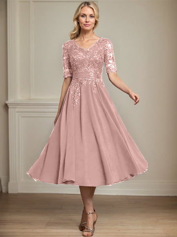 A-line V-Neck Tea-Length Lace Chiffon Mother of the Bride Dress With Sequins