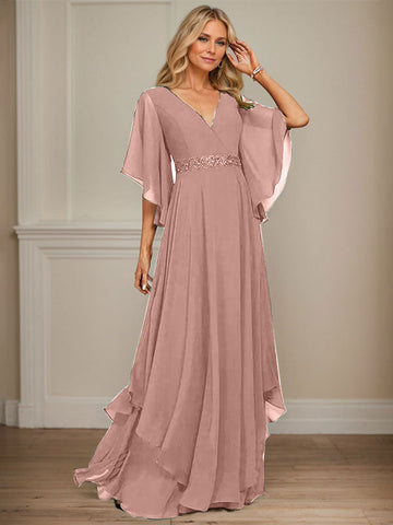 A-line V-Neck Floor-Length Chiffon Mother of the Bride Dress With Sequins Appliques Lace Beading