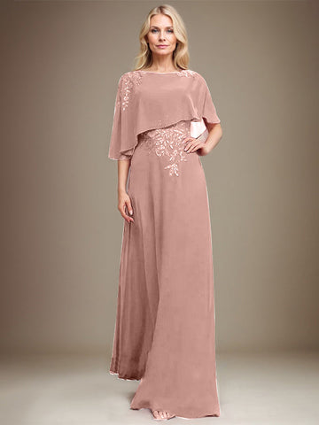 A-line Scoop Floor-Length Chiffon Lace Mother of the Bride Dress With Sequins Beading