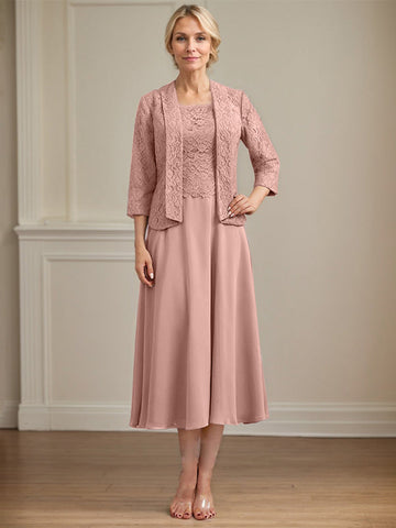 A-line Scoop Tea-Length Lace Chiffon Mother of the Bride Dress