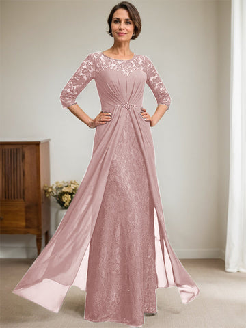 A-Line Scoop Illusion Floor-Length Lace Chiffon Mother Of the Bride Dress With Beading Ruffles