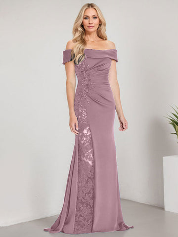 A-Line Off the Shoulder Floor-Length Mother of the Bride Dress Applique Beadings Mermaid Dress With  High Split