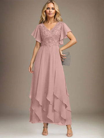 A-line V-Neck Ankle-Length Lace Chiffon Mother of the Bride Dress With Cascading Ruffles