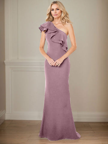 A-line One Shoulder Floor-Length Chiffon Mother of the Bride Dress With Ruffles