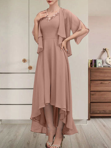 A-line V-Neck Asymmetrical Chiffon Mother of the Bride Dress With Beading Sequins