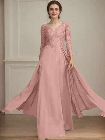 A-line V-Neck Floor-Length Lace Chiffon Mother of the Bride Dress With Sequins