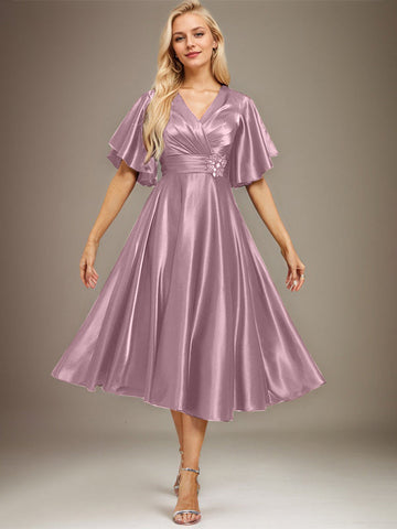 A-line V-Neck Tea-Length Stretch Satin Mother of the Bride Dress With Beading Pleated