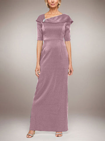 Long Shimmer Column Dress with Foldover Cuff L-Neckline and Elbow Sleeves