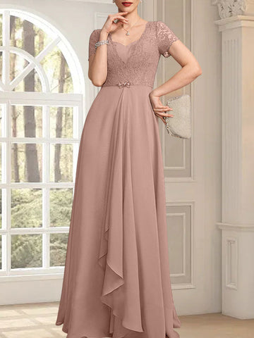 A-line Sweetheart Floor-Length Chiffon Lace Mother of the Bride Dress With Beading Cascading Ruffles