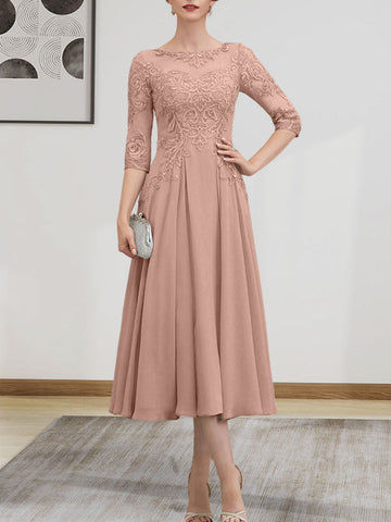 A-line Scoop Illusion Tea-Length Chiffon Lace Mother of the Bride Dress With Beading Sequins