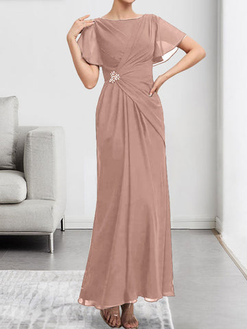 A-line Scoop Ankle-Length Chiffon Mother of the Bride Dress With Beading Pleated