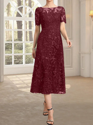 A-line Scoop Illusion Tea-Length Lace Mother of the Bride Dress With Sequins