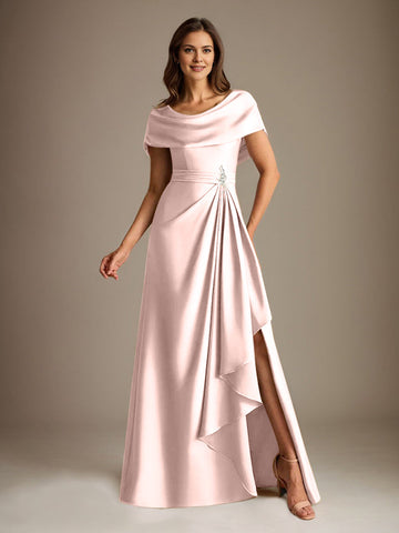 A-Line Scoop Floor-Length Stretch Satin Mother of the Bride Dress With Cascading Ruffles