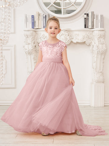 A-line Lace Tulle Sweep Train Pink Flower Girl Dress