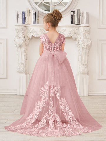 A-line Lace Tulle Sweep Train Pink Flower Girl Dress