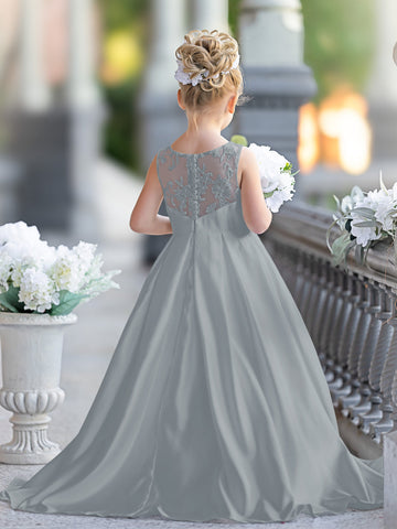 A-line Lace Satin Floor-length First Communion Flower Girl Dress