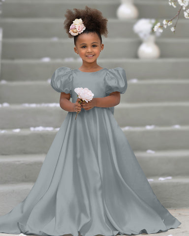Puff Sleeve Bow Button Back Sweep Train Flower Girl Dress