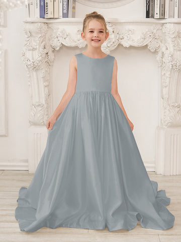 A-Line Princess Sleeveless Satin Flower Girl Dress with Sweep Train and Bow