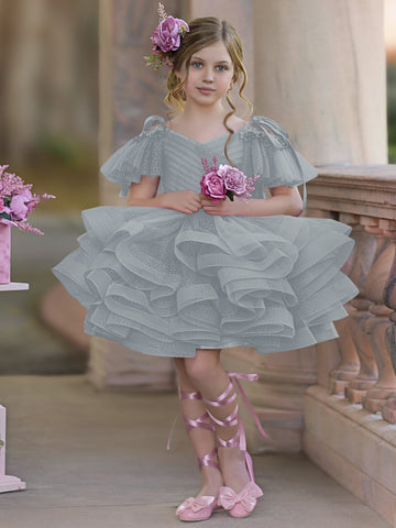 Ball-Gown/Princess Tulle Knee-length Birthday Flower Girl Dress