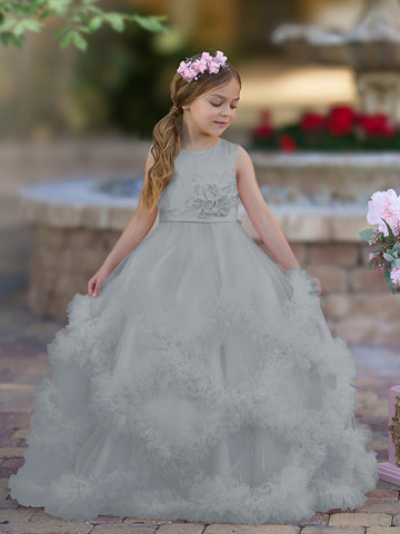 A-line Satin Tulle Floor-length Cascading Ruffles Flower Girl Dress