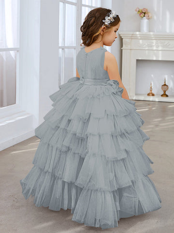 Ball-Gown/Princess Pearl Pink Sleeveless Tulle Bow Flower Girl Dress