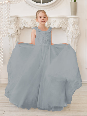 Elegant White Tulle Flower Girl Dress with Sweep Train