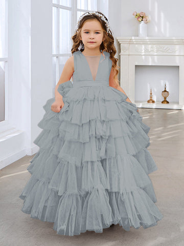 Ball-Gown/Princess Pearl Pink Sleeveless Tulle Bow Flower Girl Dress (010220814)