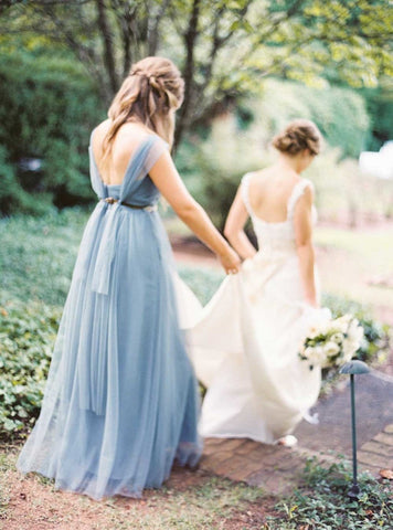 Baoleely Simple Tulle Long Bridesmaid Dresses Dusty Blue under 100