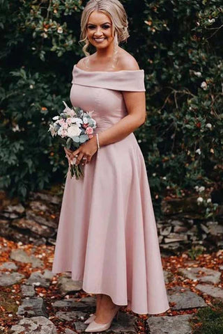 Dusty Pink Satin A-line Off-the-Shoulder Tea Length Bridesmaid Dresses