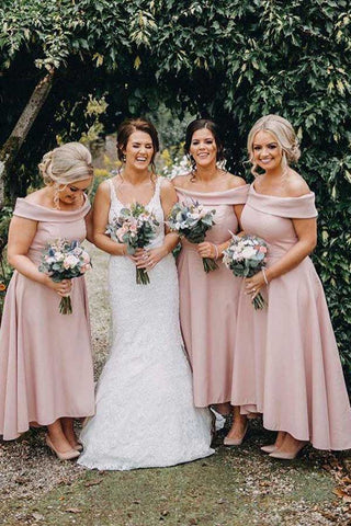 Dusty Pink Satin A-line Off-the-Shoulder Tea Length Bridesmaid Dresses