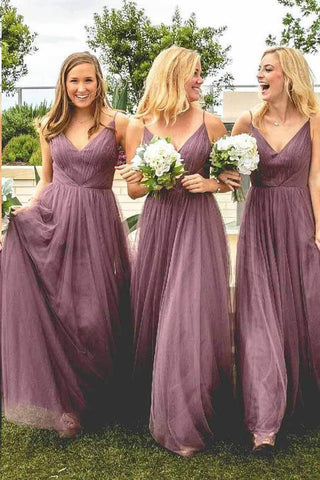 Dusty Purple Tulle Spaghetti Straps A-line V-neck Bridesmaid Dresses