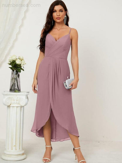 Spaghetti Chiffon V Neck Bridesmaid Dress Mid-Length Slit Formal Prom Dress Homecoming Dress 2803