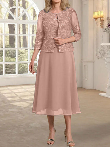 A-line Scoop Tea-Length Lace Chiffon Mother of the Bride Dress With Sequins