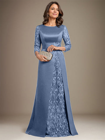 A-Line Scoop Floor-Length Lace Satin Mother Of the Bride Dress With Applique