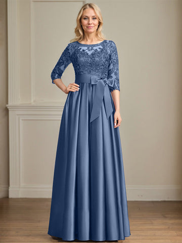 A-line Scoop Illusion Floor-Length Satin Lace Mother of the Bride Dress With Sequins Bow
