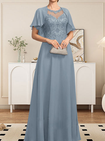 A-line Scoop Illusion Floor-Length Lace Chiffon Mother of the Bride Dress With Sequins