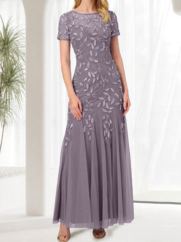 Vestido largo azul de sirena con cuello redondo para la madre de la novia con pedrería