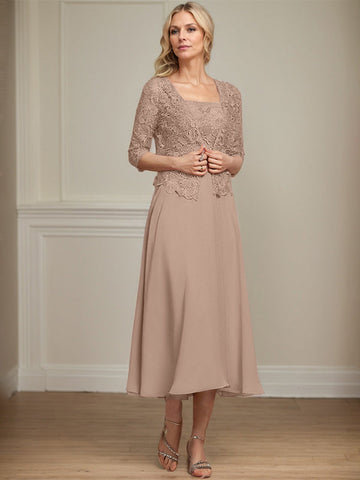 A-line Square Tea-Length Chiffon Lace Mother of the Bride Dress With Sequins Beading