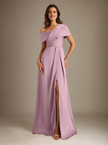 A-Line Asymmetrical Neckline Floor-Length Satin Mother of the Bride Dress With Pleated