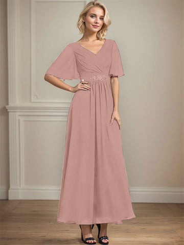 A-line V-Neck Ankle-Length Chiffon Mother of the Bride Dress With Pleated Beading Sequins