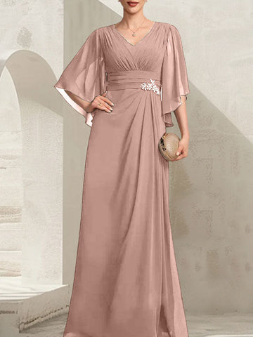 Sheath/Column V-Neck Floor-Length Chiffon Mother of the Bride Dress With Pleated Sequins Beading
