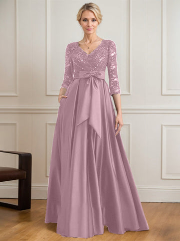A-line V-Neck Floor-Length Satin Lace Mother of the Bride Dress With Sequins Bow