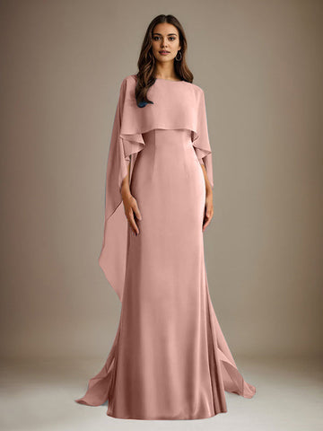 Sheath/Column Boatneck Floor-Length Chiffon Mother of the Bride Dress With Cascading Ruffles